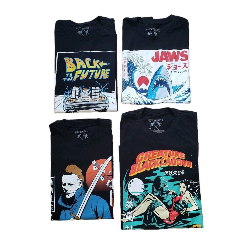 Lot Of 4 Riot Society Horror Sci-Fi Sz Medium Mens Black T-Shirts Jaws Halloween
